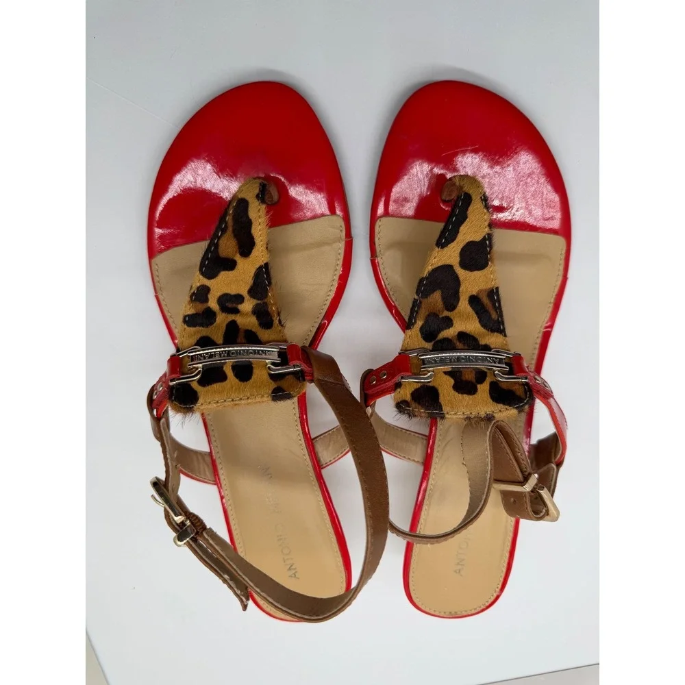 Antonio Melani Red Patent Leopard Calf Hair Gold Wedge Sandals‎ Mens 9M